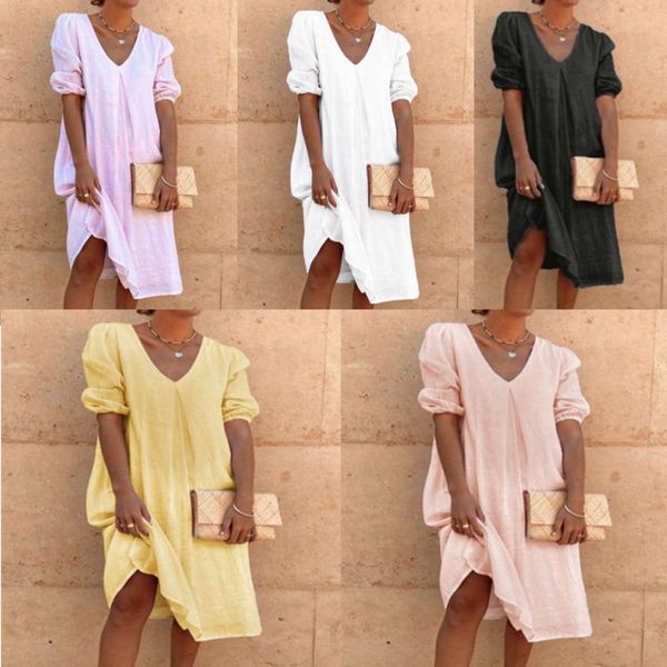 

summer fashion casual solid color v-neck mid sleeve length dress, Black;gray