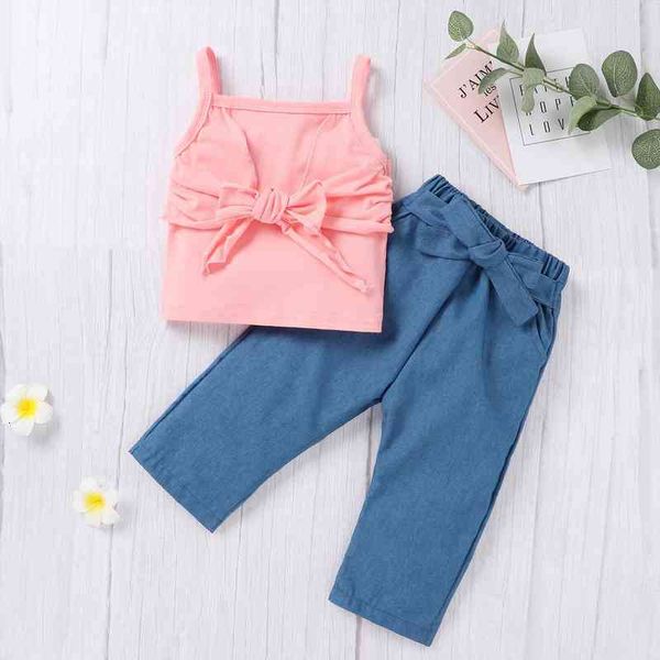 

0-4y summer lovely baby girls clothes sets 2pcs big bow strap vest blue denim trousers pants, White