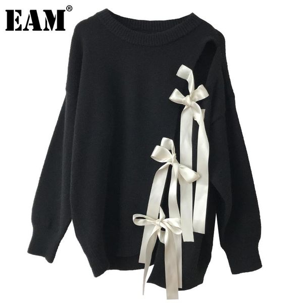 

women's sweaters [eam] big zize bow knitting loose fit round neck long sleeve women pullovers fashion tide autumn winter 2021 1dd0227, White;black