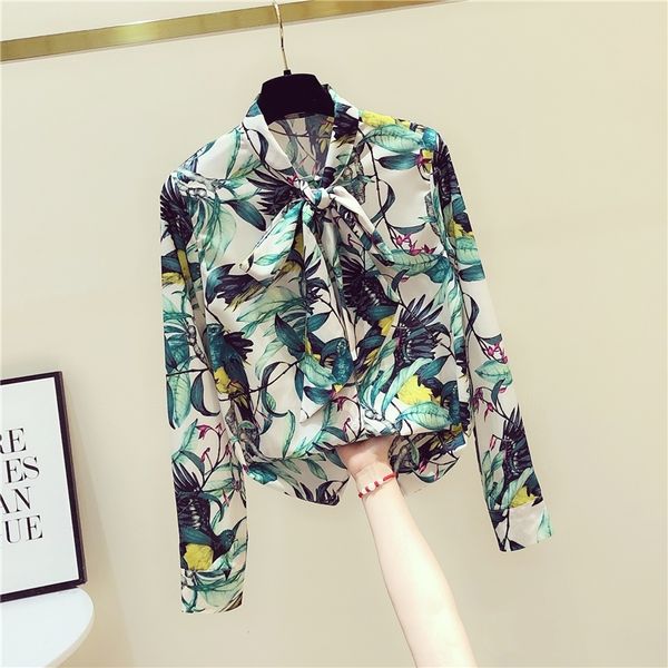 

spring summer women's chiffon shirt new floral retro long-sleeved shirt bow tie bottoming shirt women's and blouses gd451 210315, White