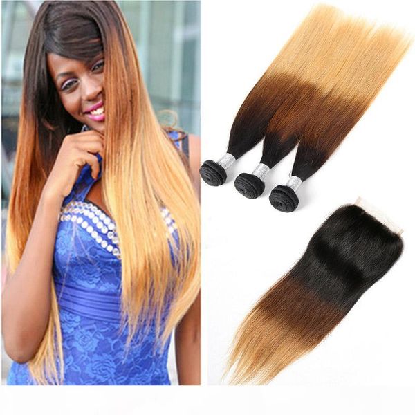 

peruvian vrgin hair extensions 1b 4 27 silky straight human hair bundles with 4x4 lace closure 1b 4 27 hair products 10-30inch, Black;brown