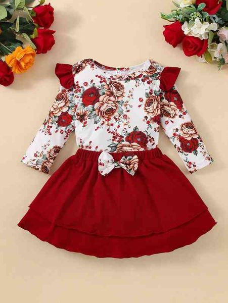 

baby floral print ruffle trim bodysuit & bow layered hem skirt she, Blue