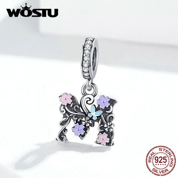 WOSTU 925 Стерлинговое серебро буквы алфавит M цветок Charm Fit оригинальные браслеты подвесные бусины мода ювелирные изделия FIC1274 Q0531