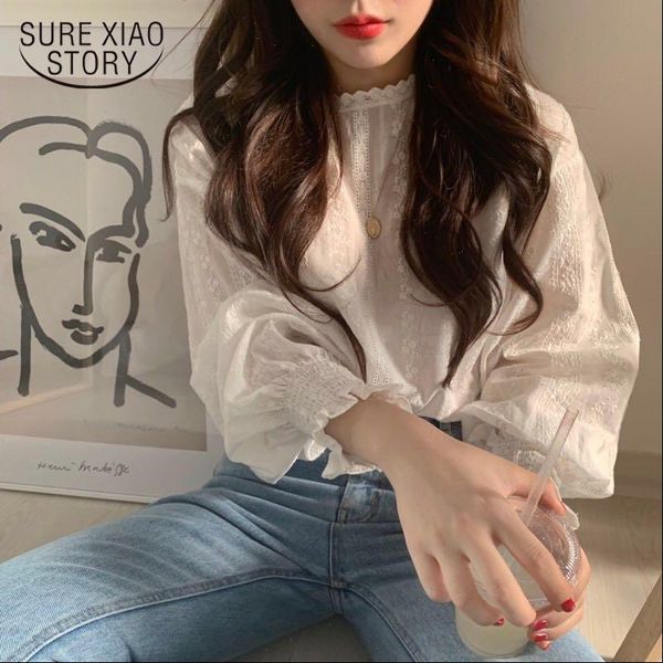 

korean elegant floral embroidery white blouse vintage lantern sleeves lace flare sleeve ladies casual shirts femme 6874 50