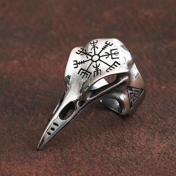 

cluster rings vintage odin crow skull men's ring gothic stainless steel compass for men viking accessories valknut amulet pattern, Golden;silver
