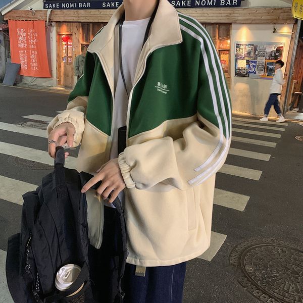 

autumn and winter plush men's korean trend versatile baseball couple student loose bf style sports stand collar jacket, Black;brown