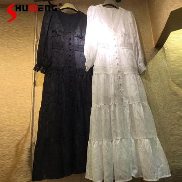 

casual dresses 2021 spring european lantern long sleeve jacquard buttons dress female temperament v-neck cutout lace stitching white, Black;gray