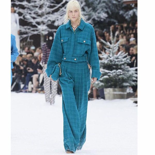 

women's pants & capris 2021 high-end blue plaid woven wool tweed long runway designer wide leg trousers, Black;white