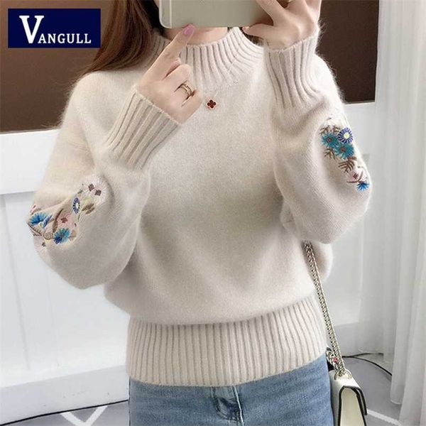 

vangull women knitted sweater floral embroidery thick sweater pullovers autumn winter long sleeve turtleneck sweaters 211215, White;black