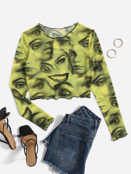 

figure graphic lettuce trim sheer mesh crop s2kk#, White