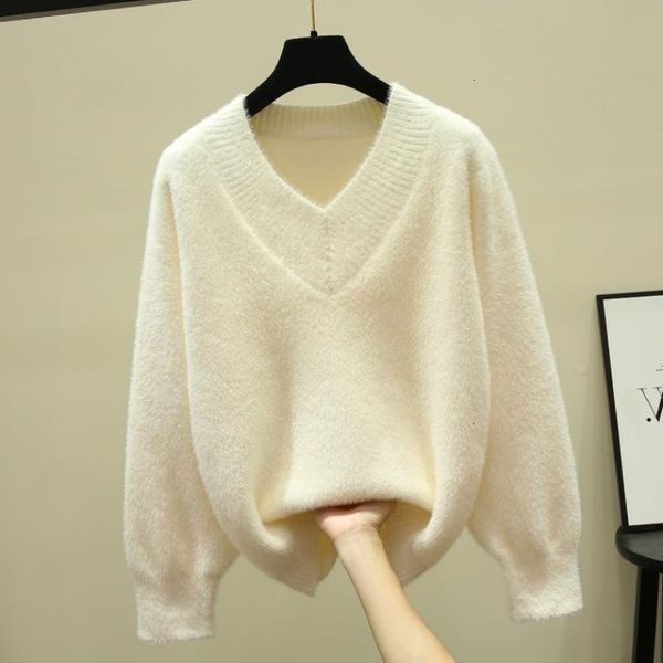 

2021 new faux mink cashmere women autumn winter elegant v-neck pullover sweter jumper pull femme hiver streetwear sweater nqhx, White;black