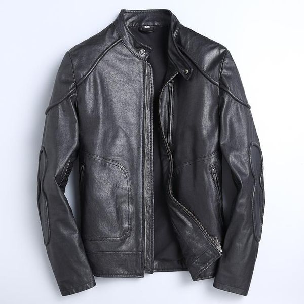 

men's leather & faux 2021 jacket slim fit short first layer sheepskin locomotive fashion special, Black