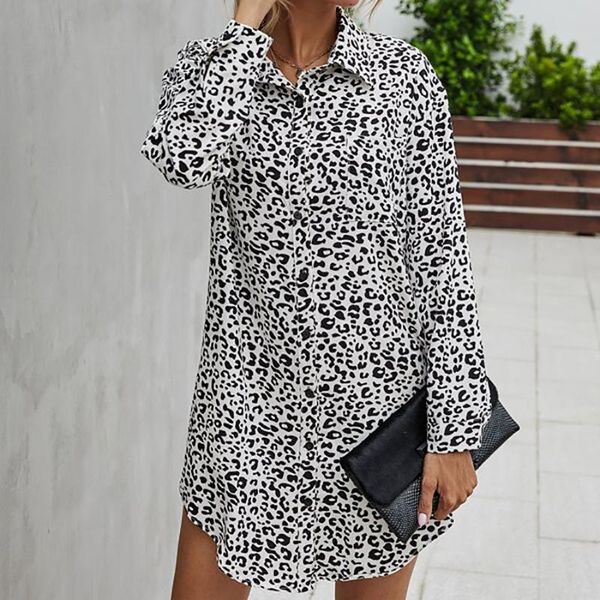 

casual dresses female mini dress leopard print elegant turn-down collar long sleeve shirt for women ladies autumn spring fashion 2021, Black;gray