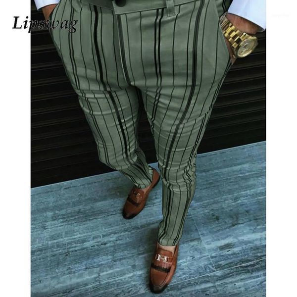 

men's pants 2021 fashion slim trousers autumn business casual striped printed pencil for men mid waist long streetwear, Black