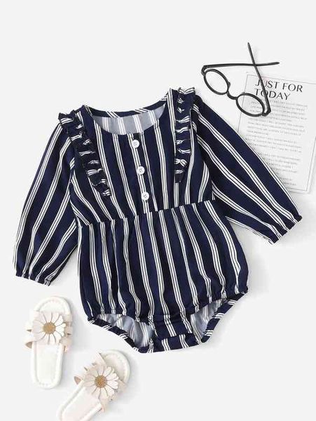 

baby striped bishop sleeve ruffle trim bodysuit she, Blue