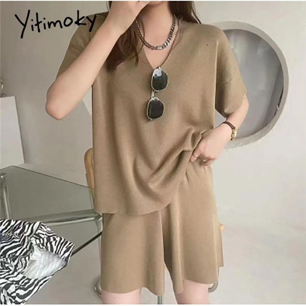 

women's tracksuits yitimoky 2 piece sets women 2021 summer fashion casual loose streetwear chic knitted elastic waist wide leg shorts b, Gray