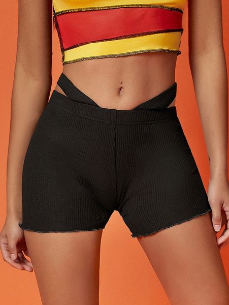 

ribbed high-rise cutout lettuce-edge shorts y70l#, Black