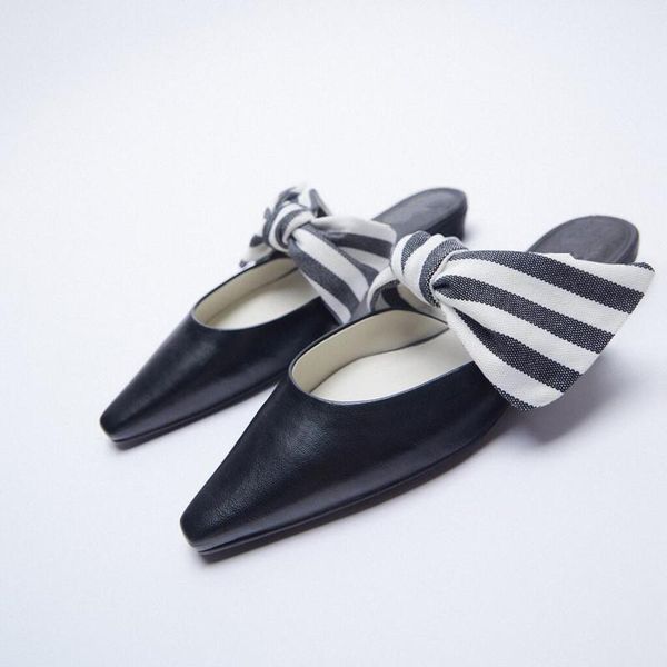 

slippers female shoes womens outdoor square toe gingham mules low slides butterfly-knot 2021 summer cover block rome stripe, Black