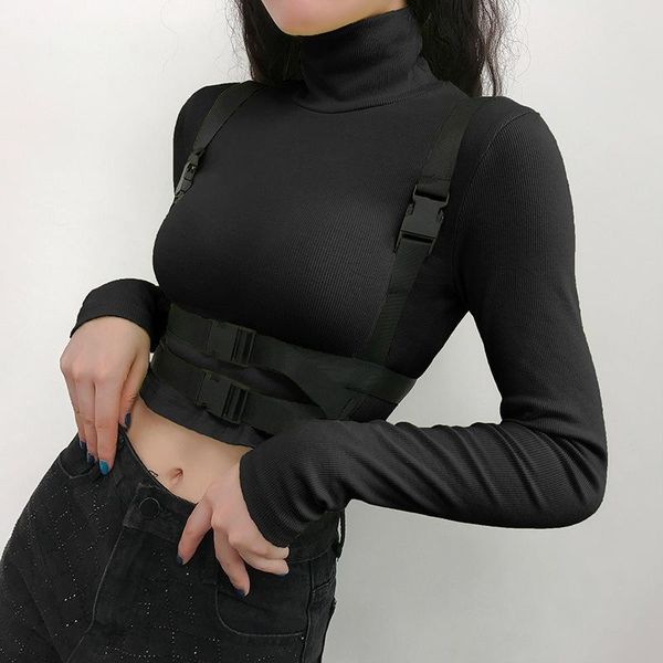 

women's t-shirt buckle knitting woman turtleneck fashion long sleeve slim solid color short, White