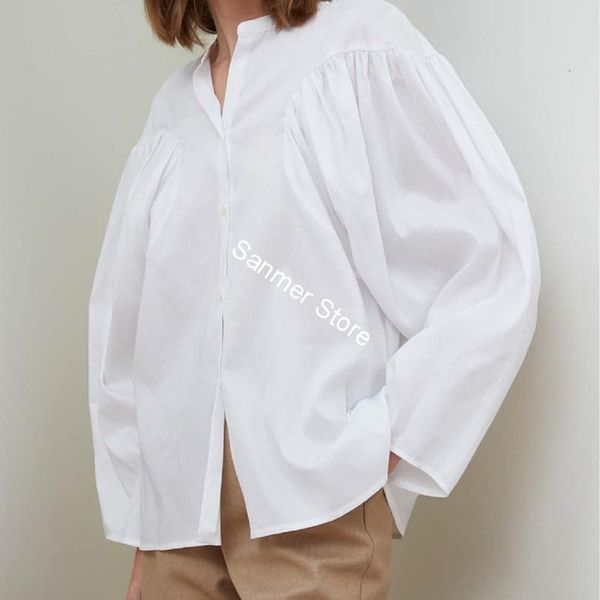 

2021 new branco preto camisa feminina manga longa sopro solto com decote em v nico breasted simples incio do outono senhora blusa k3yv, Black