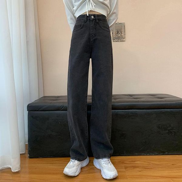 

women's jeans dd0228 retro high waist slim women straight loose wide leg pants trousers, Blue