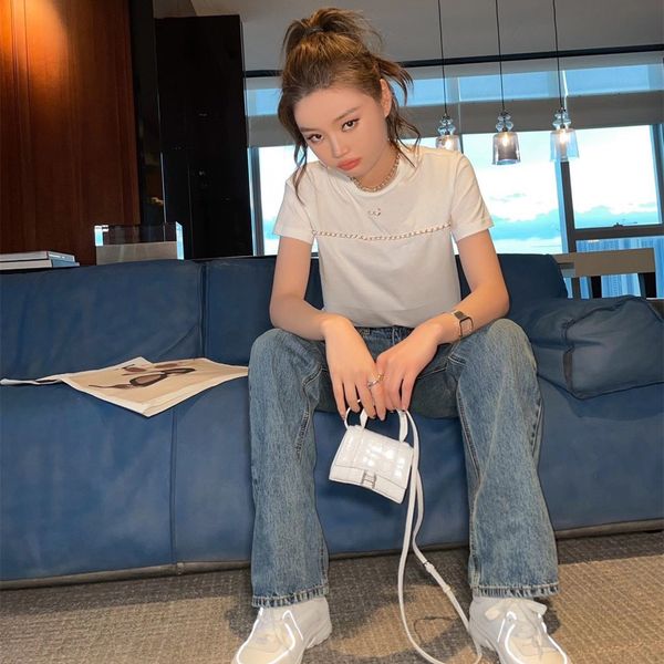 

c family 2021 summer new hardware chain knitting round neck short sleeve, White