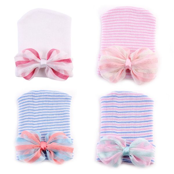 0-6m Neueste Neugeborene Baby Häkeln Hüte mit Big Bow Nette Kleinkind Mädchen Spitze Chiffon Strickstreifen Hedging Caps Baumwolle 4 