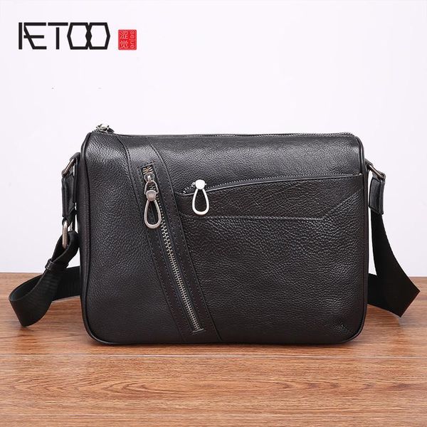 

HBP AETOO Single Shoulder Male Bag Leather Transverse Bag Casual Trend Oblique Cross Baotou Layer Cowhide Men's Bag, Black