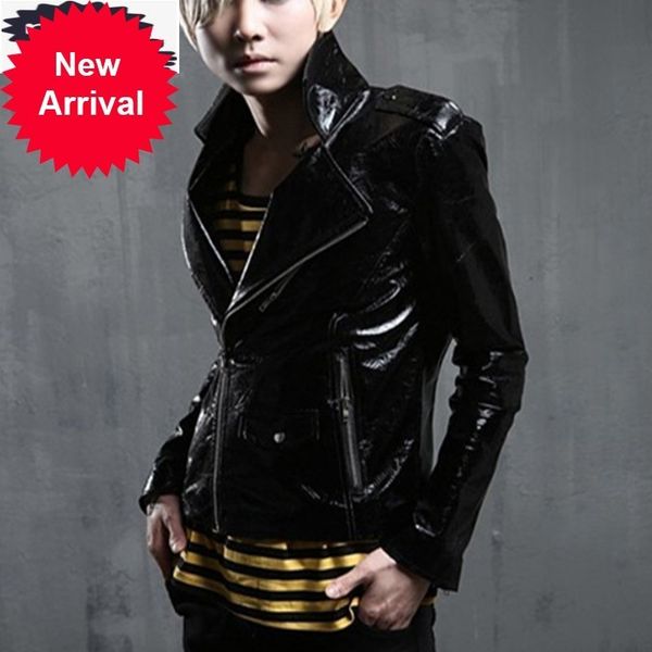 

jaqueta de couro punk style mens patent pu leather jacket slim fit short chaqueta moto hombre zipper biker windbreaker coats 2xl, Black;brown