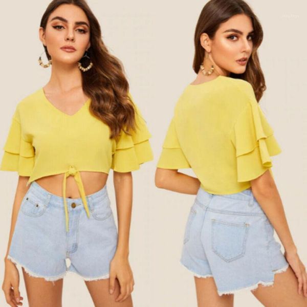 

neck fashion summer women chiffon short ruffles sleeve crop blouse ladies casual bandage solid t-shirt women's blouses & shirts, White