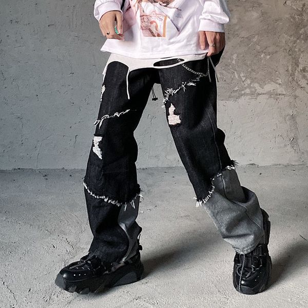 

2021 new bloco de cor buraco tassel streetwear casual masculino e feminino franja reta lavado hip hop casuais uocz, Blue