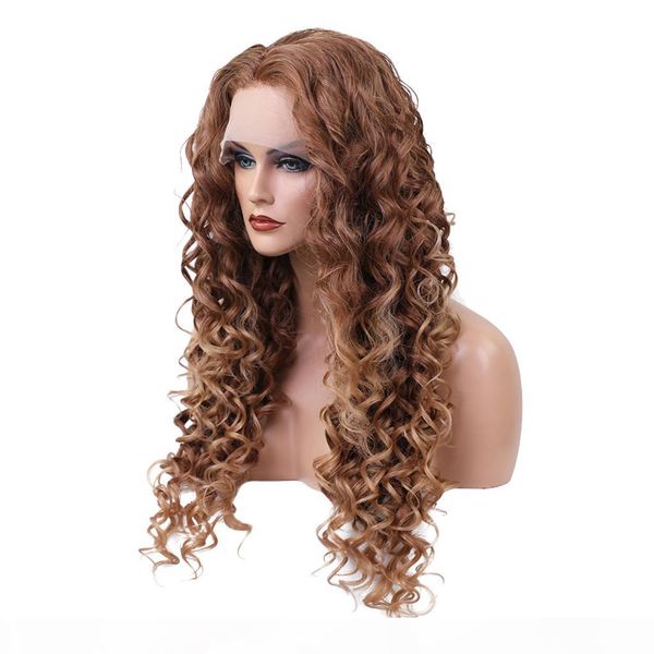 

brown lace front synthetic wigs long curly afro full wig for black women