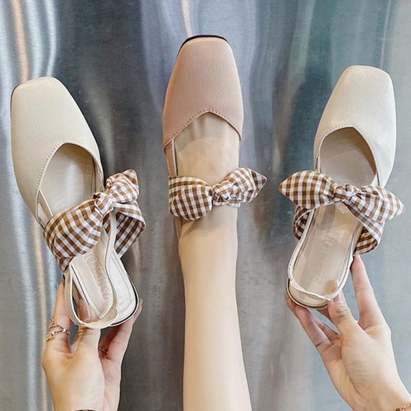 

sandals fairy tale plaid bow tie slingback women covered toe high heel shoes slip on square 2021, Black