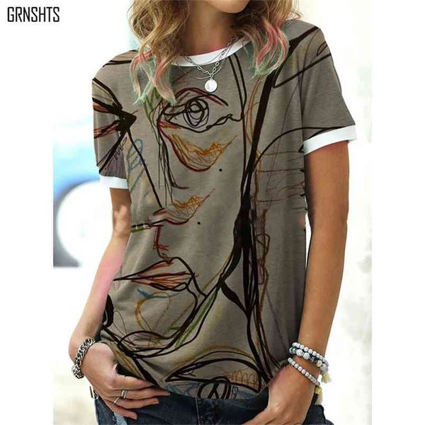 

summer line painting print o neck short sleeve tshirt women clothes casaul streetwear female loose harajuku tee mujer 210623, White