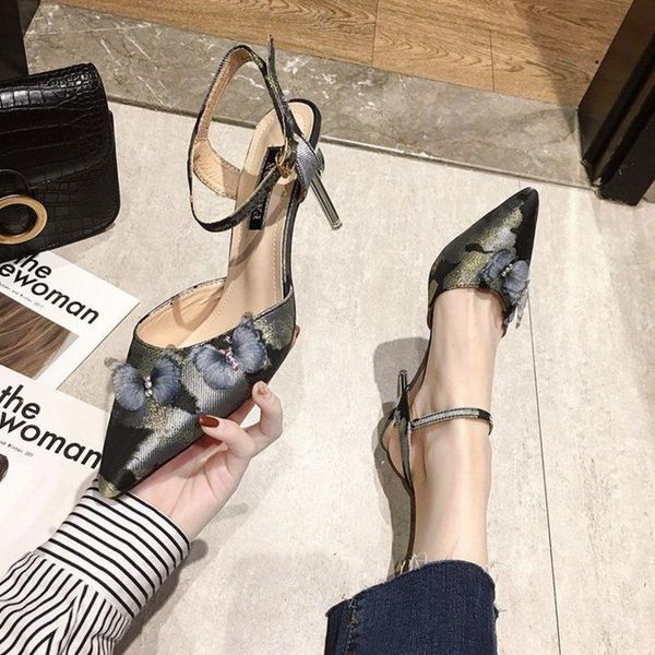 

sandals summer ladies high heels pointed butterfly decorative single shoes, Black
