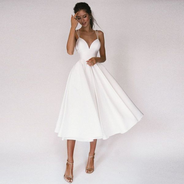 

new short wedding 2021 thin straps criss cross simple v neck satin a line vestidos de noiva bride gown zn14, White