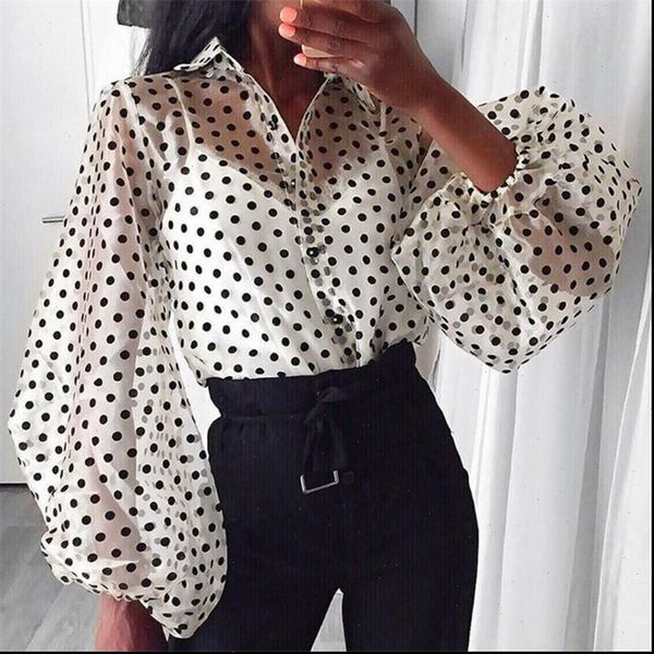 

puff sleeve spring fashion mesh see through blouses women polka dot and blouses vintage shirt women office top, White