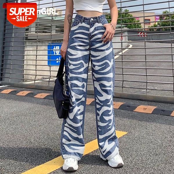 

heyoungirl zebra print casual straight jeans pants women blue high waist denim long trousers ladies harajuku fashion joggers #ae0y, Black;white