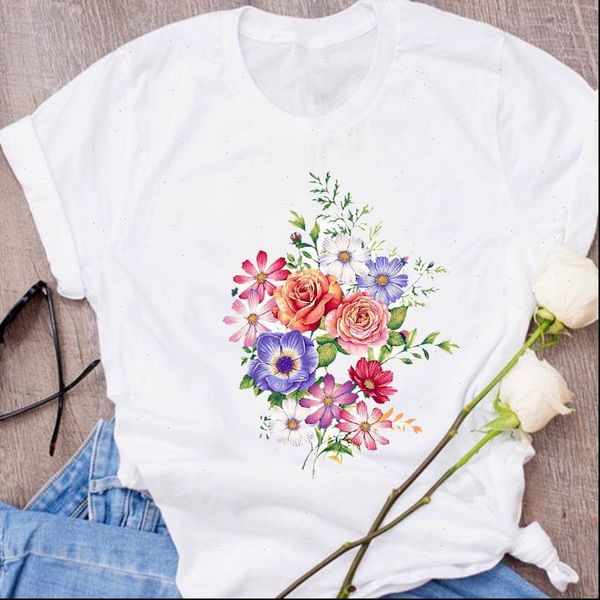 

women graphic kawaii camisas mujer floral flower plant clothes lady tees print clothing female t shirt womens t shirt, White