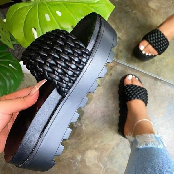 

summer women's flat slippers thick platform shoes female weaved slides plus size non slip fashion footwear soild new 2021, Black