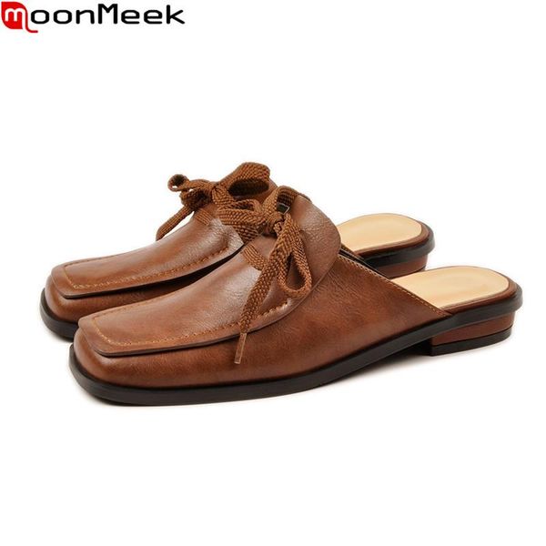 

moonmeek 2021 genuine leather slippers women comfortable low heel square toe casual shoes summer black brown mules shoes