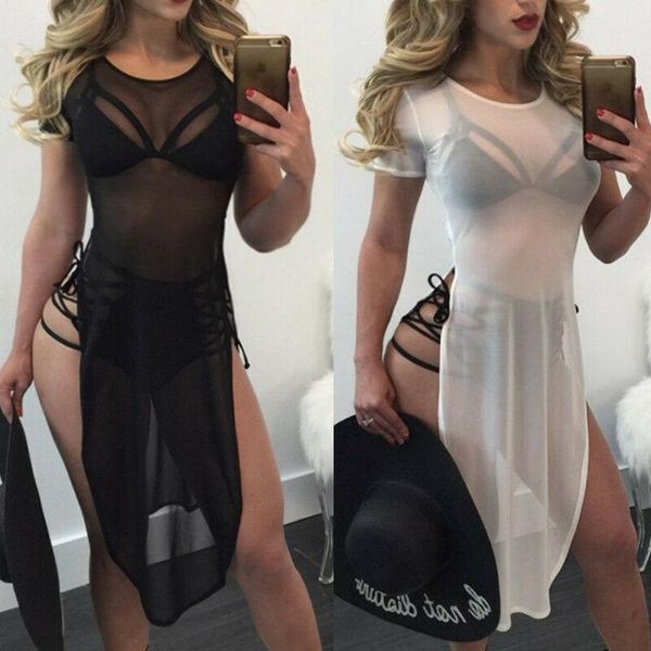 

women mesh bikini long cover up cardigan swimwear beach bathing maxi dress women's, White;black