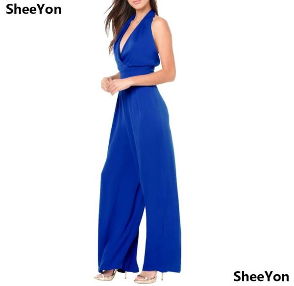 

women's jumpsuits & rompers sheeyon halter v neck solid full wide leg back hollow out loose pants ladies blue fb1061, Black;white