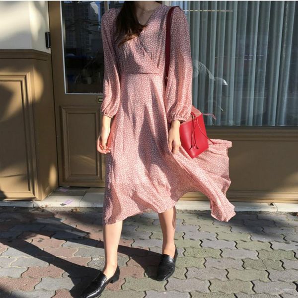 

casual dresses women spring long floral chiffon princess dress v-neck a-line vestidos with belt slim waist elegant bodycon robe femme, Black;gray