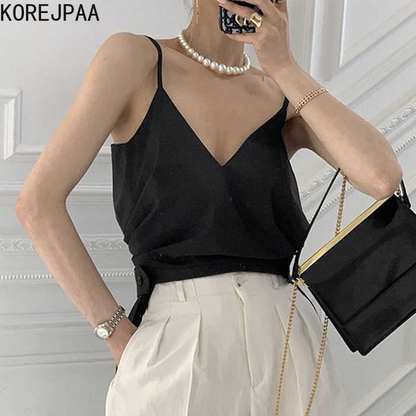 

korejpaa women tank summer korean chic ladies temperament v-neck tie waist thin design irregular split sling 210526, White