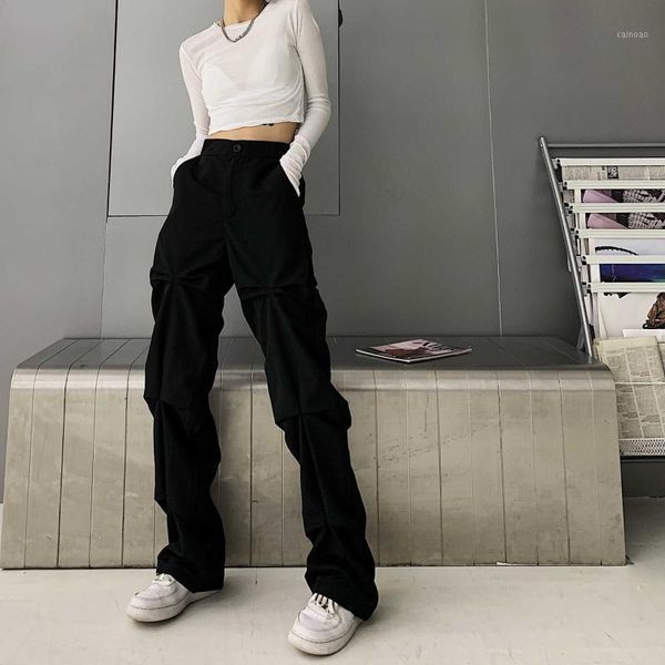 

men's pants for women 2021 spring/summer korean style ins harajuku gathers design straight loose wide-leg workwear trousers, Black