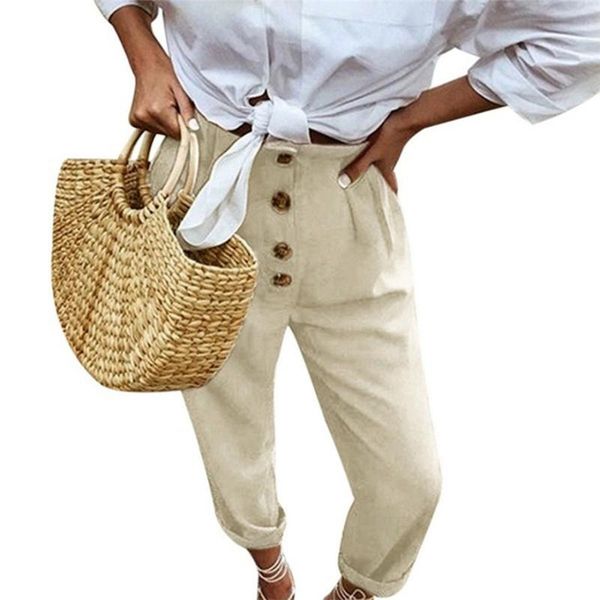 

women's pants & capris women high waist pure color button elastic casual long pockets straight #1025 a#487, Black;white