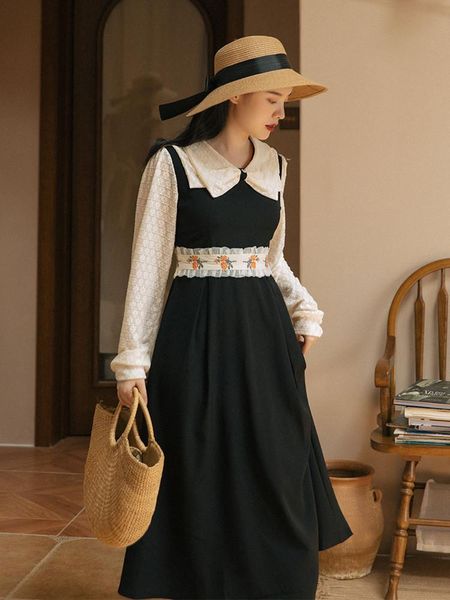 

casual dresses french retro girl black dress elegant female ruffle rose embroidere belt thin chic bowknot design v-neck sweet fall lady, Black;gray