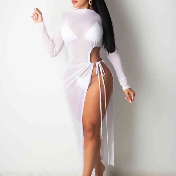 

summer cover ups women female solid color see-through mesh swimsuits beach swimwear bathing split bandage bikini dress cover up, White;black