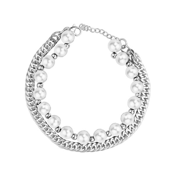 

link, chain stainless steel hip hop bilayer pearl adjustable cuba link bracelet street dance jewelry gift for him, Black